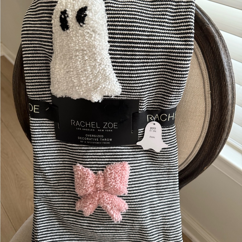 Rachel Zoe Striped Throw with Pink Bow and Ghost - 2025 Halloween!👻